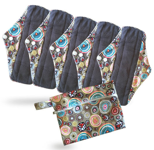 Period Mate Mama Cloths for Medium to heavy Flow with a Bonus Wet bag ( 6 pieces) Carnival
